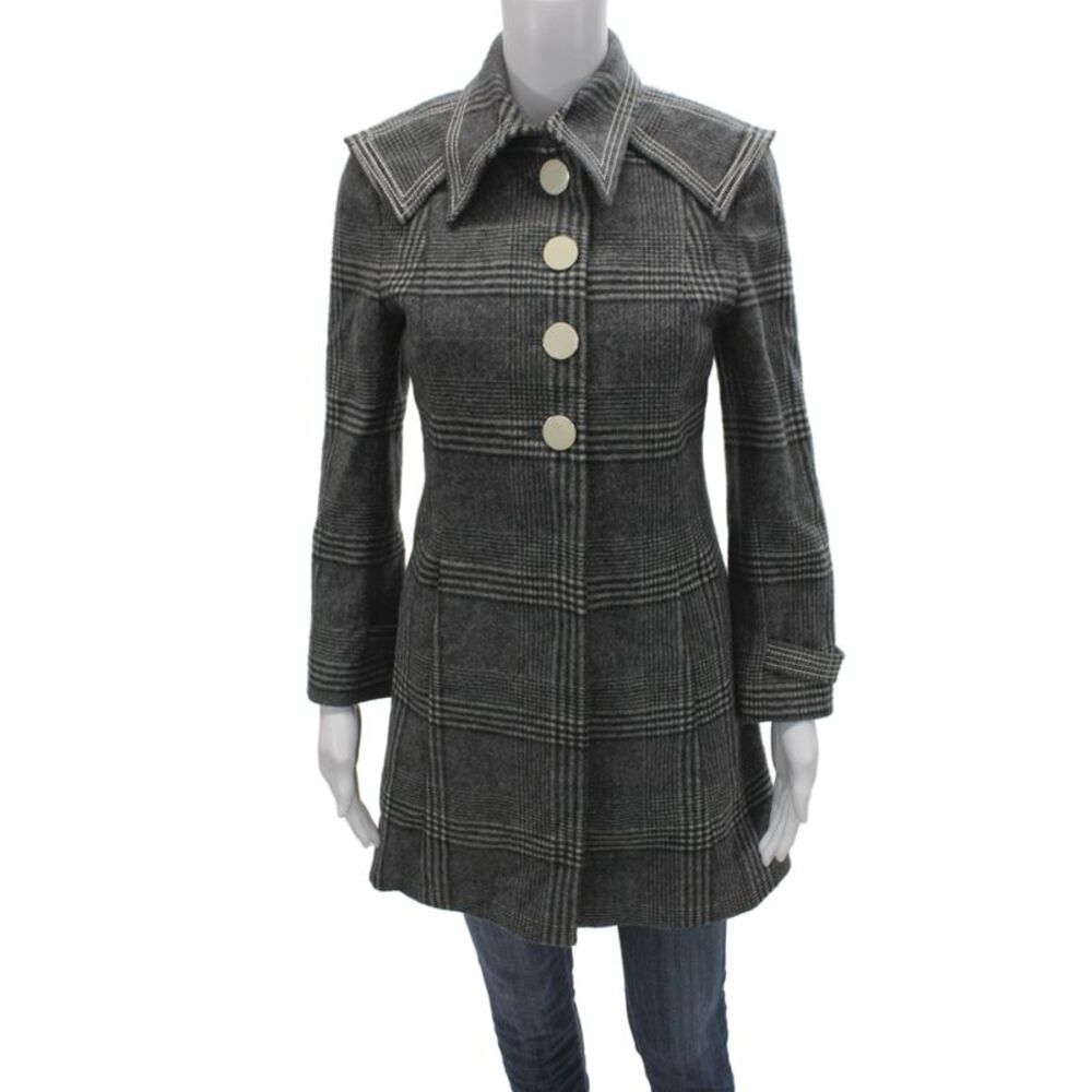 Marco De Vincenzo Womens Gray Plaid Wool Overcoat Button Longsleeve Size 4